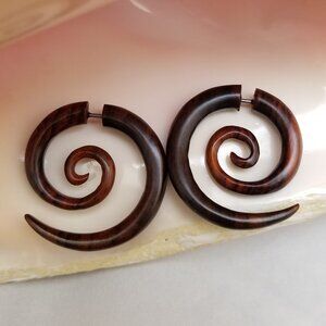 18G large double spiral carved Narra wood faux gauges tapers Pair